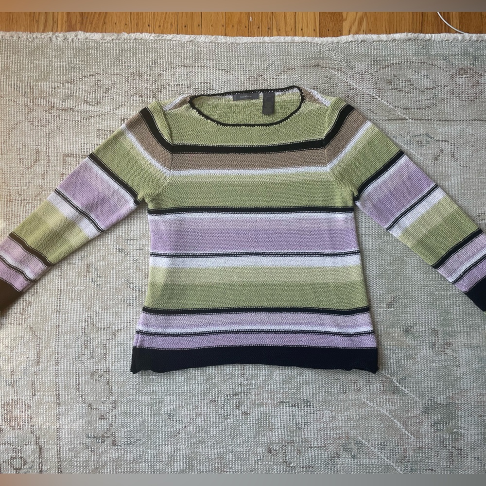 Liz Claiborne Striped Crewneck Sweater in Light Green, Lilac & Black Trim